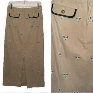 Anthropologie Tennis Ratchet Print Slit Front Khaki Maxi Skirt Small